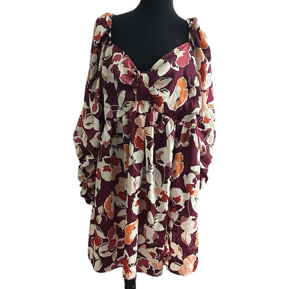 Eloquii Floral Long Sleeve Dress - Burgundy and Cream